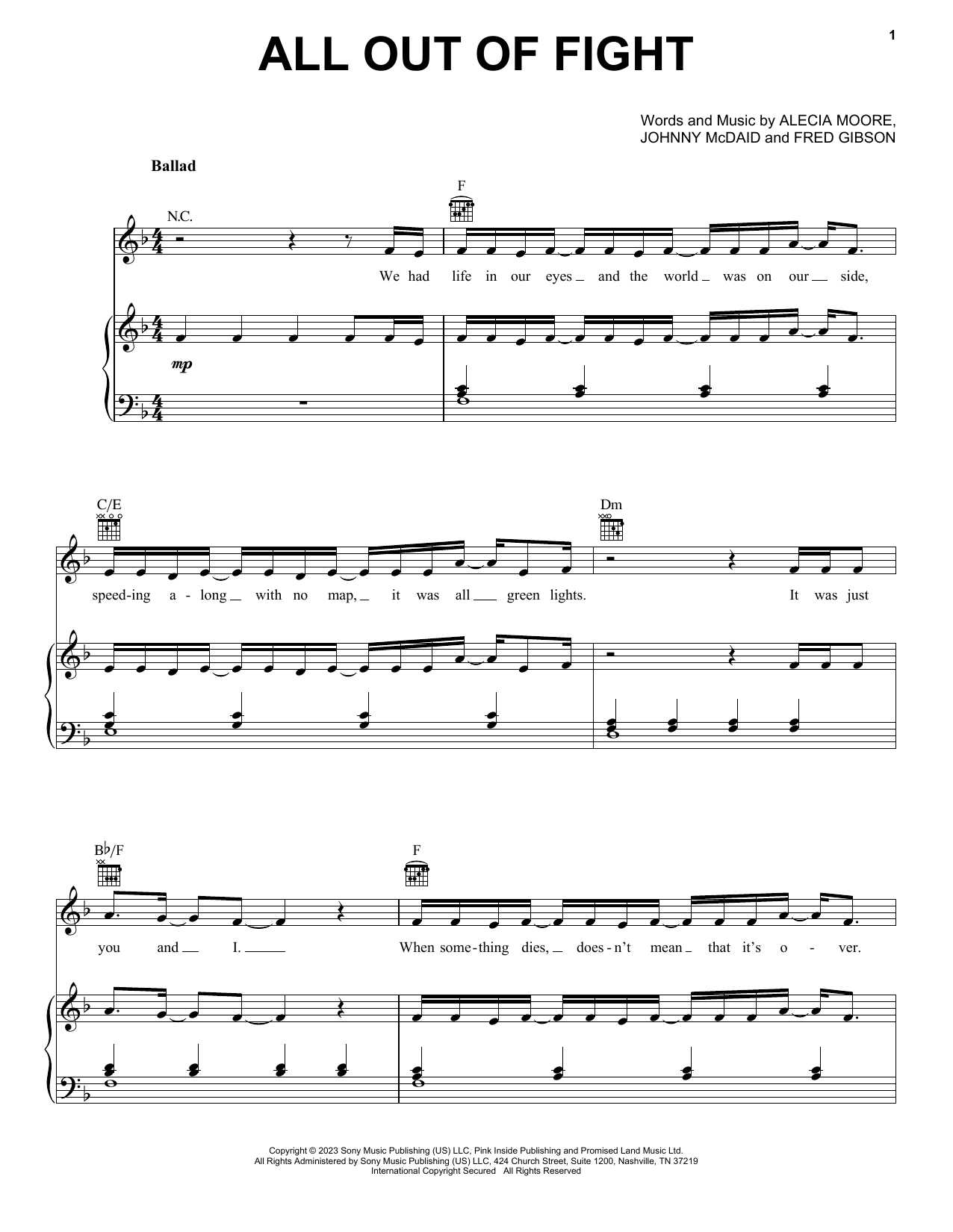 Download P!nk All Out Of Fight Sheet Music and learn how to play Piano, Vocal & Guitar Chords (Right-Hand Melody) PDF digital score in minutes