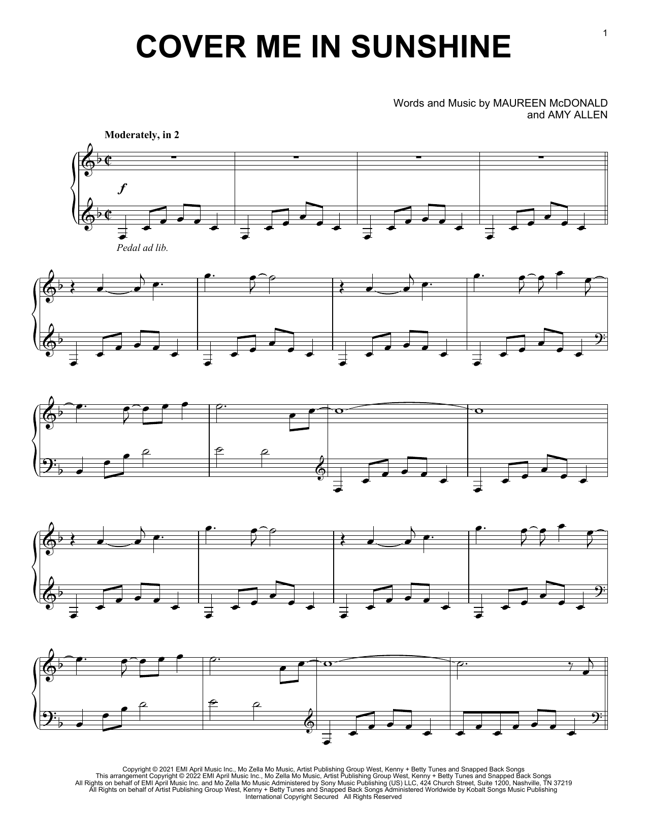 Download P!nk and Willow Sage Hart Cover Me In Sunshine Sheet Music and learn how to play Piano Solo PDF digital score in minutes