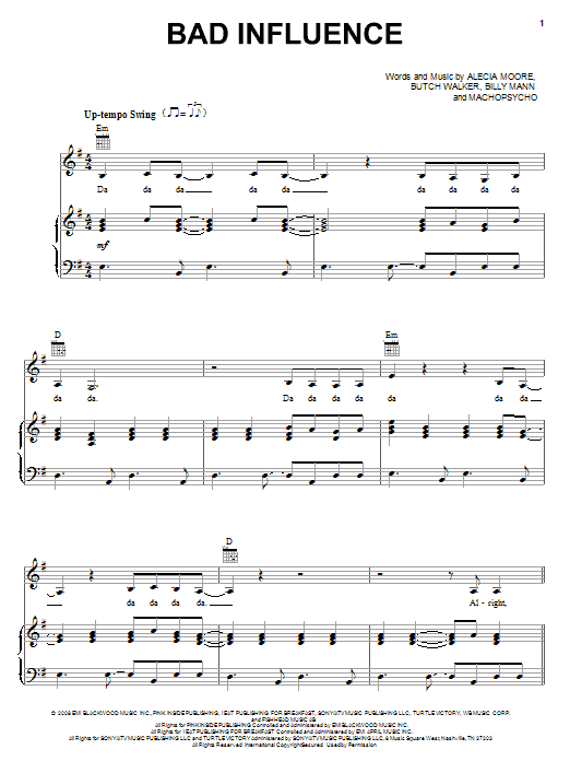 Download Pink Bad Influence Sheet Music and learn how to play Piano, Vocal & Guitar (Right-Hand Melody) PDF digital score in minutes