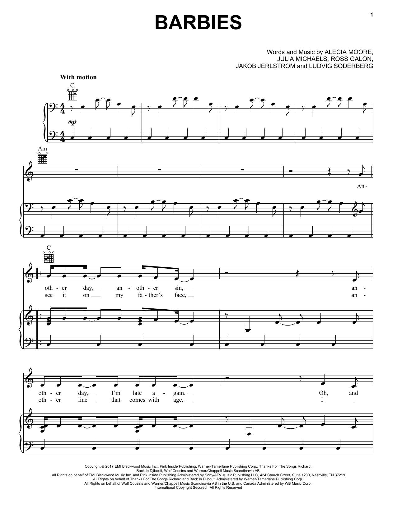 Download Pink Barbies Sheet Music and learn how to play Piano, Vocal & Guitar (Right-Hand Melody) PDF digital score in minutes