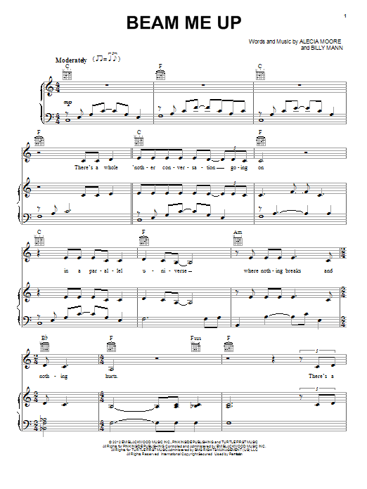 Download Pink Beam Me Up Sheet Music and learn how to play Piano, Vocal & Guitar (Right-Hand Melody) PDF digital score in minutes