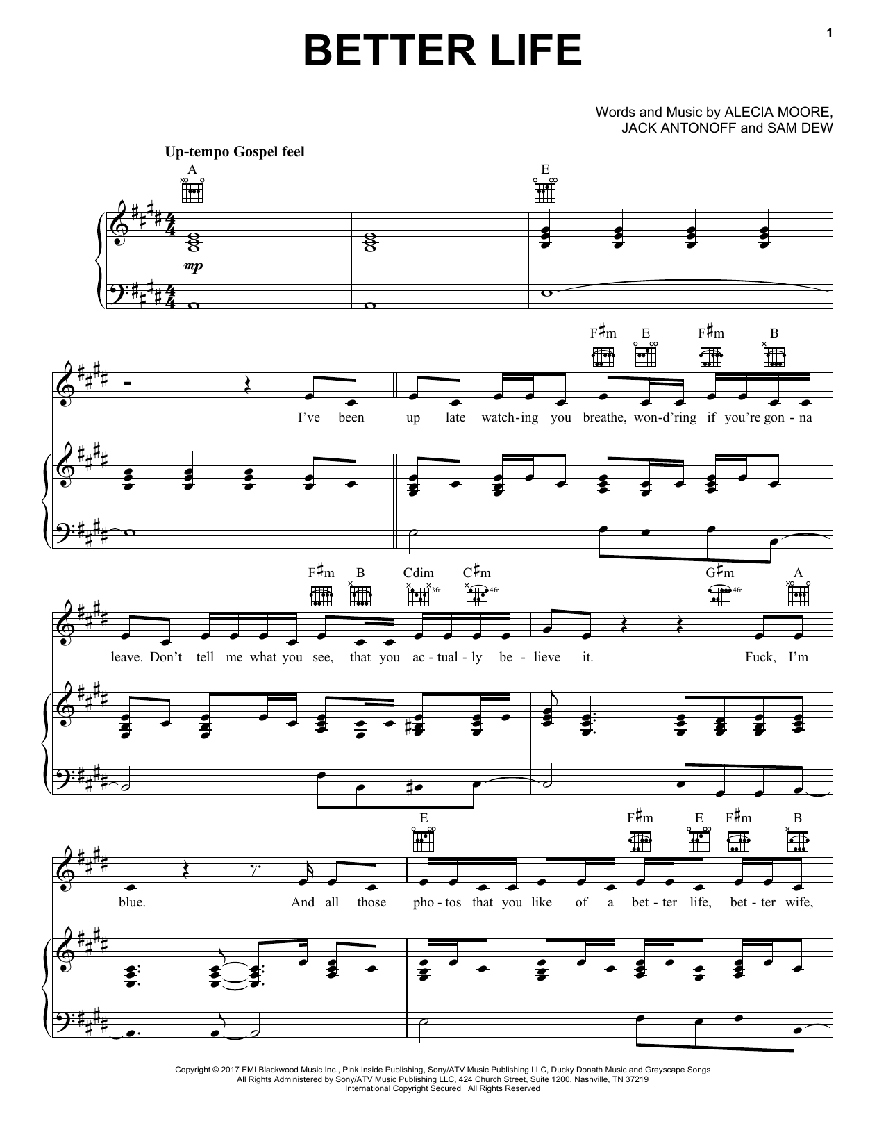 Download Pink Better Life Sheet Music and learn how to play Piano, Vocal & Guitar (Right-Hand Melody) PDF digital score in minutes