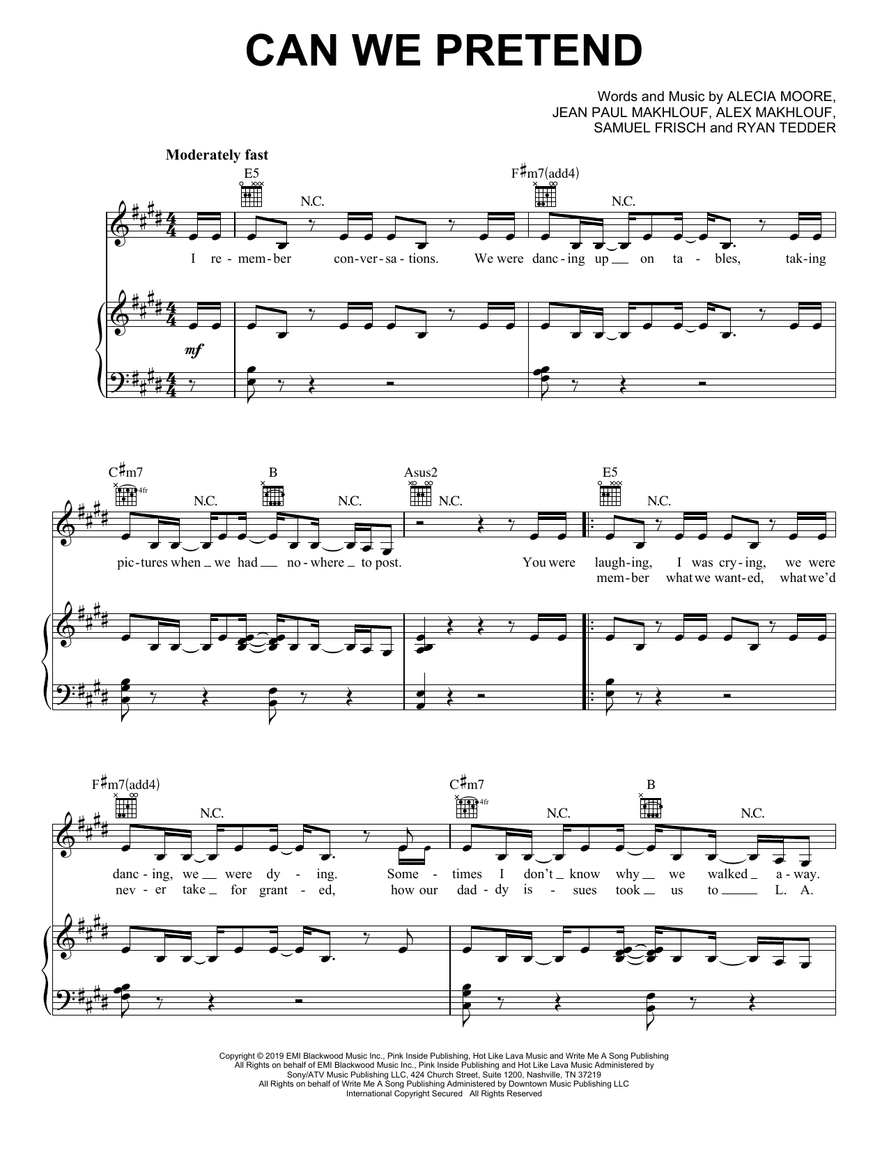 Download Pink Can We Pretend (feat. Cash Cash) Sheet Music and learn how to play Piano, Vocal & Guitar Chords (Right-Hand Melody) PDF digital score in minutes