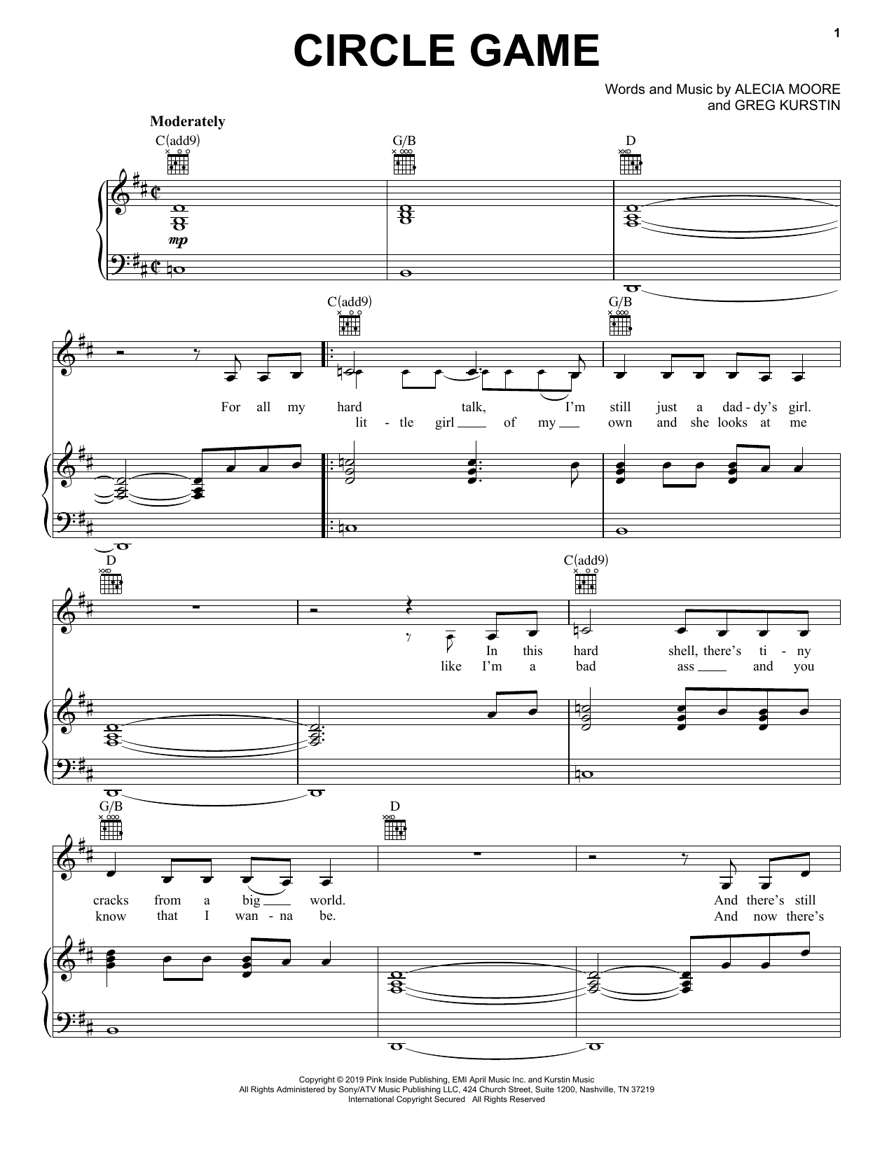 Download Pink Circle Game Sheet Music and learn how to play Piano, Vocal & Guitar Chords (Right-Hand Melody) PDF digital score in minutes