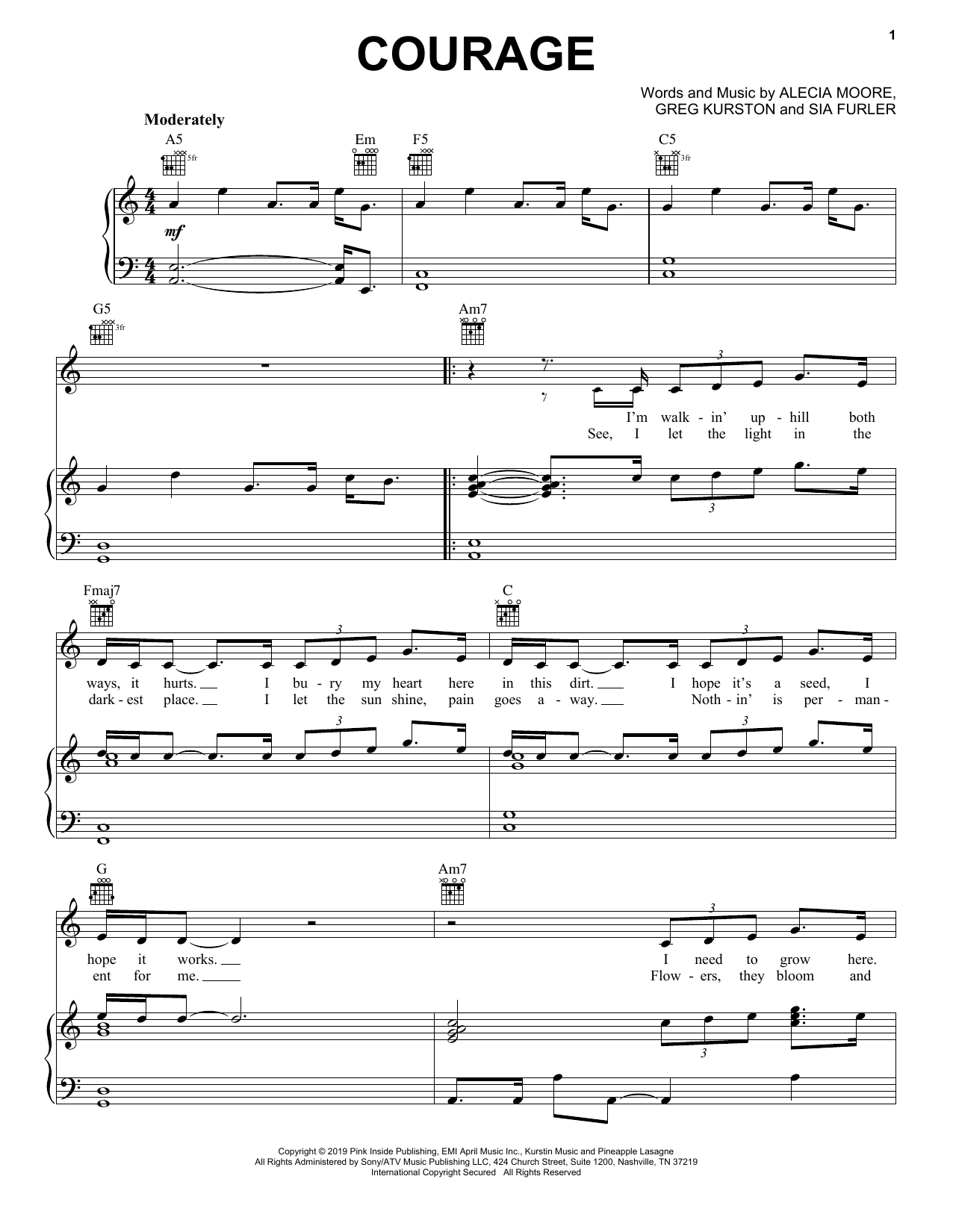 Download Pink Courage Sheet Music and learn how to play Piano, Vocal & Guitar Chords (Right-Hand Melody) PDF digital score in minutes
