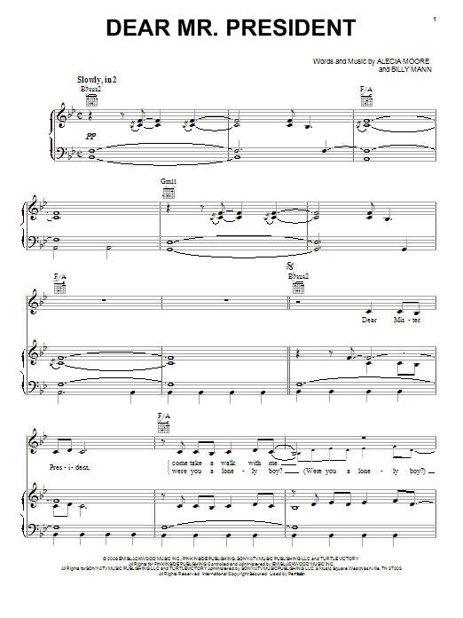 Download Pink Dear Mr. President Sheet Music and learn how to play Piano, Vocal & Guitar (Right-Hand Melody) PDF digital score in minutes