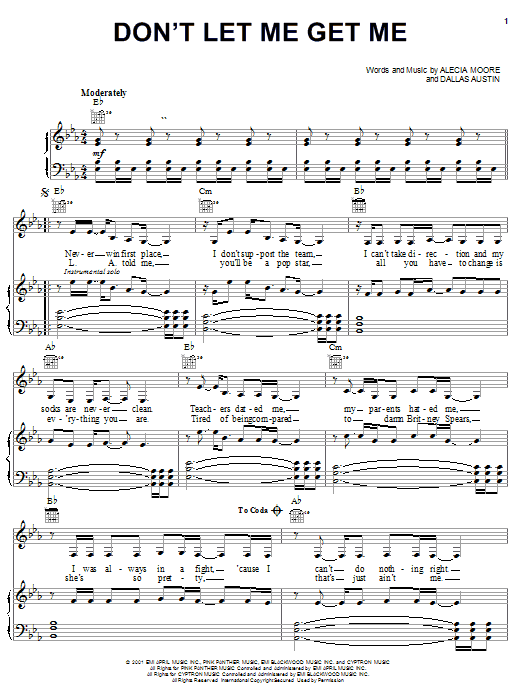 Download Pink Don't Let Me Get Me Sheet Music and learn how to play Piano, Vocal & Guitar (Right-Hand Melody) PDF digital score in minutes