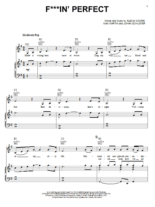 Download Pink F**kin' Perfect Sheet Music and learn how to play Piano, Vocal & Guitar (Right-Hand Melody) PDF digital score in minutes