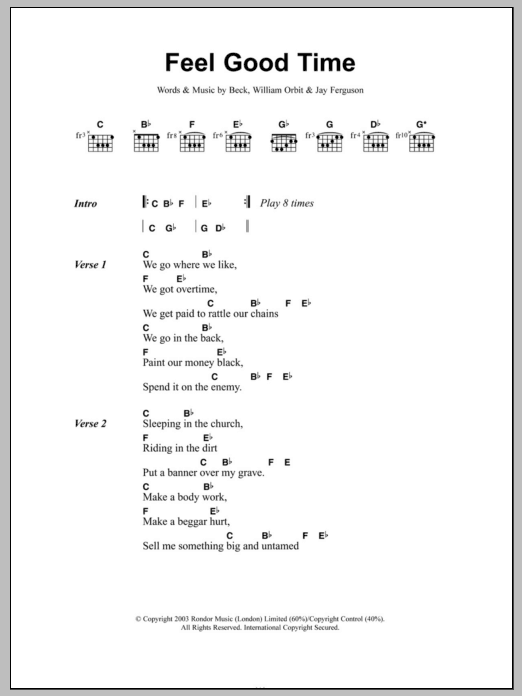 Download Pink Feel Good Time Sheet Music and learn how to play Lyrics & Chords PDF digital score in minutes