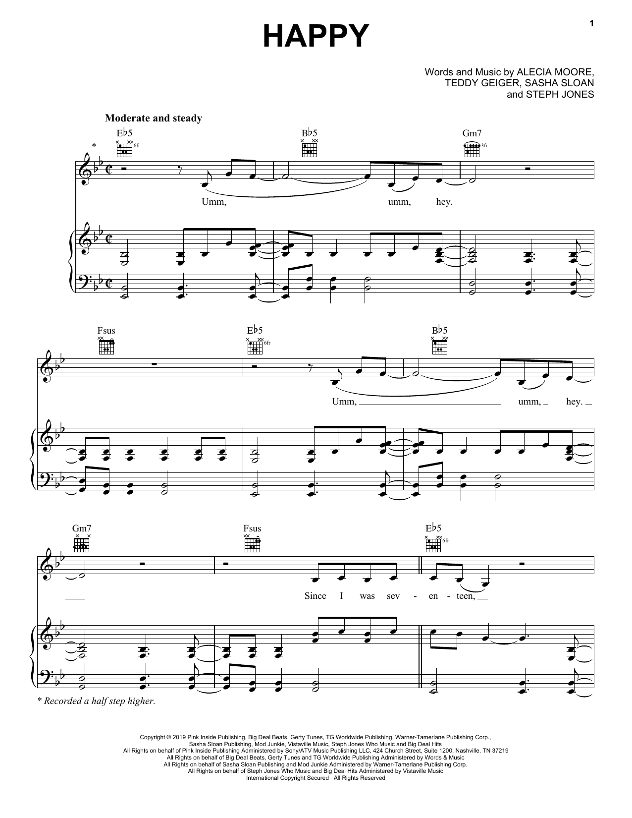 Download Pink Happy Sheet Music and learn how to play Piano, Vocal & Guitar Chords (Right-Hand Melody) PDF digital score in minutes