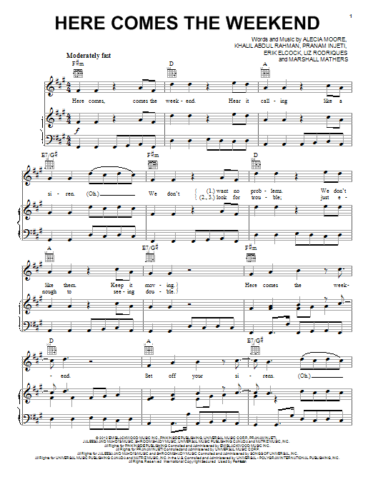 Download Pink Here Comes The Weekend Sheet Music and learn how to play Piano, Vocal & Guitar (Right-Hand Melody) PDF digital score in minutes