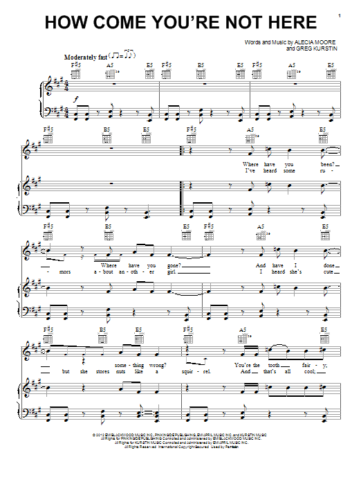 Download Pink How Come You're Not Here Sheet Music and learn how to play Piano, Vocal & Guitar (Right-Hand Melody) PDF digital score in minutes