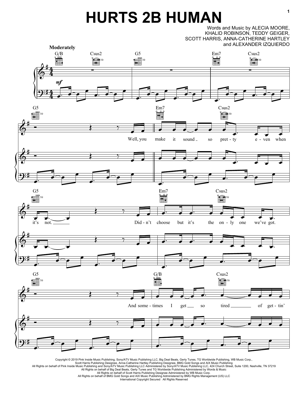 Download Pink Hurts 2B Human (feat. Khalid) Sheet Music and learn how to play Piano, Vocal & Guitar Chords (Right-Hand Melody) PDF digital score in minutes