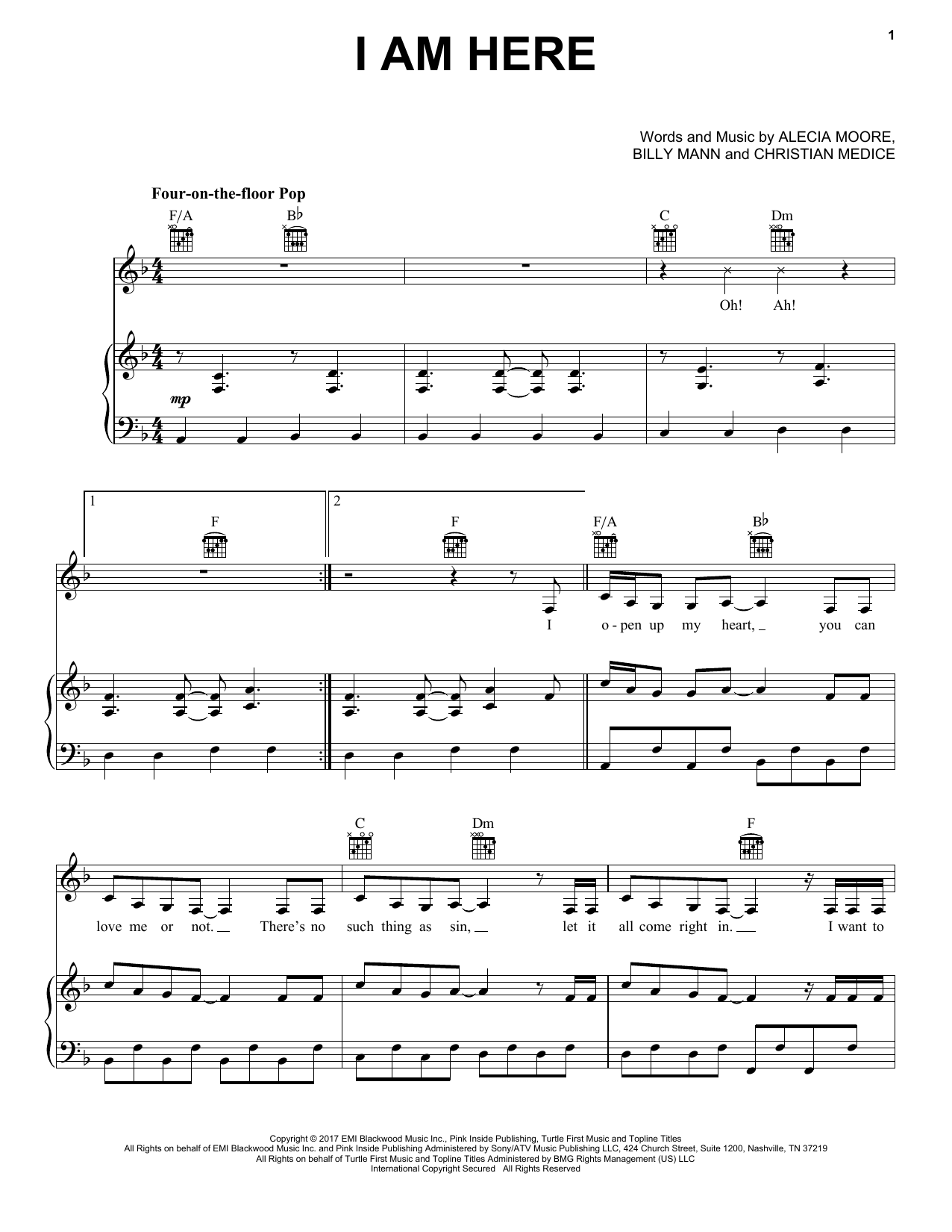 Download Pink I Am Here Sheet Music and learn how to play Piano, Vocal & Guitar (Right-Hand Melody) PDF digital score in minutes