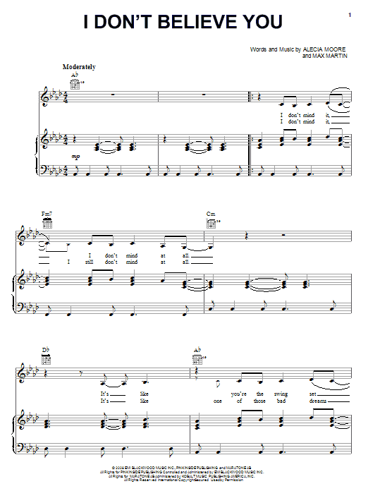 Download Pink I Don't Believe You Sheet Music and learn how to play Piano, Vocal & Guitar (Right-Hand Melody) PDF digital score in minutes