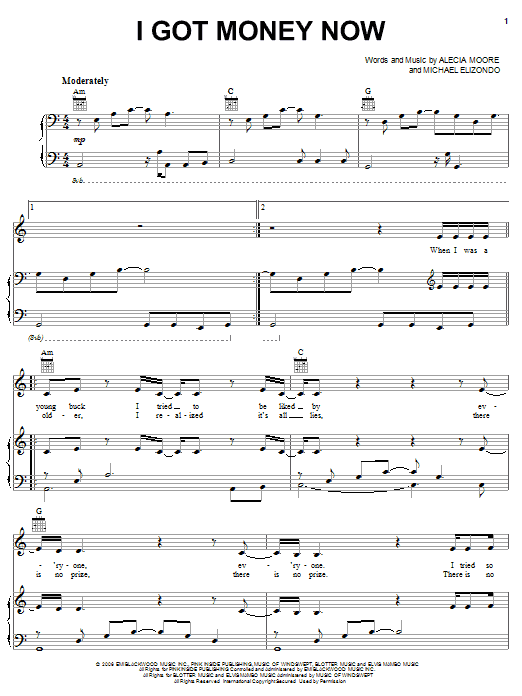Download Pink I Got Money Now Sheet Music and learn how to play Piano, Vocal & Guitar (Right-Hand Melody) PDF digital score in minutes