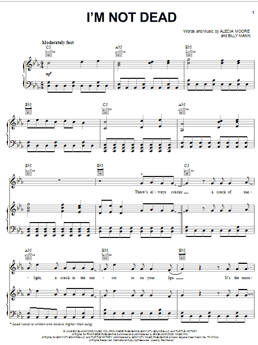 Download Pink I'm Not Dead Sheet Music and learn how to play Piano, Vocal & Guitar (Right-Hand Melody) PDF digital score in minutes
