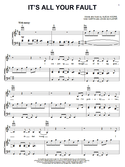 Download Pink It's All Your Fault Sheet Music and learn how to play Piano, Vocal & Guitar (Right-Hand Melody) PDF digital score in minutes