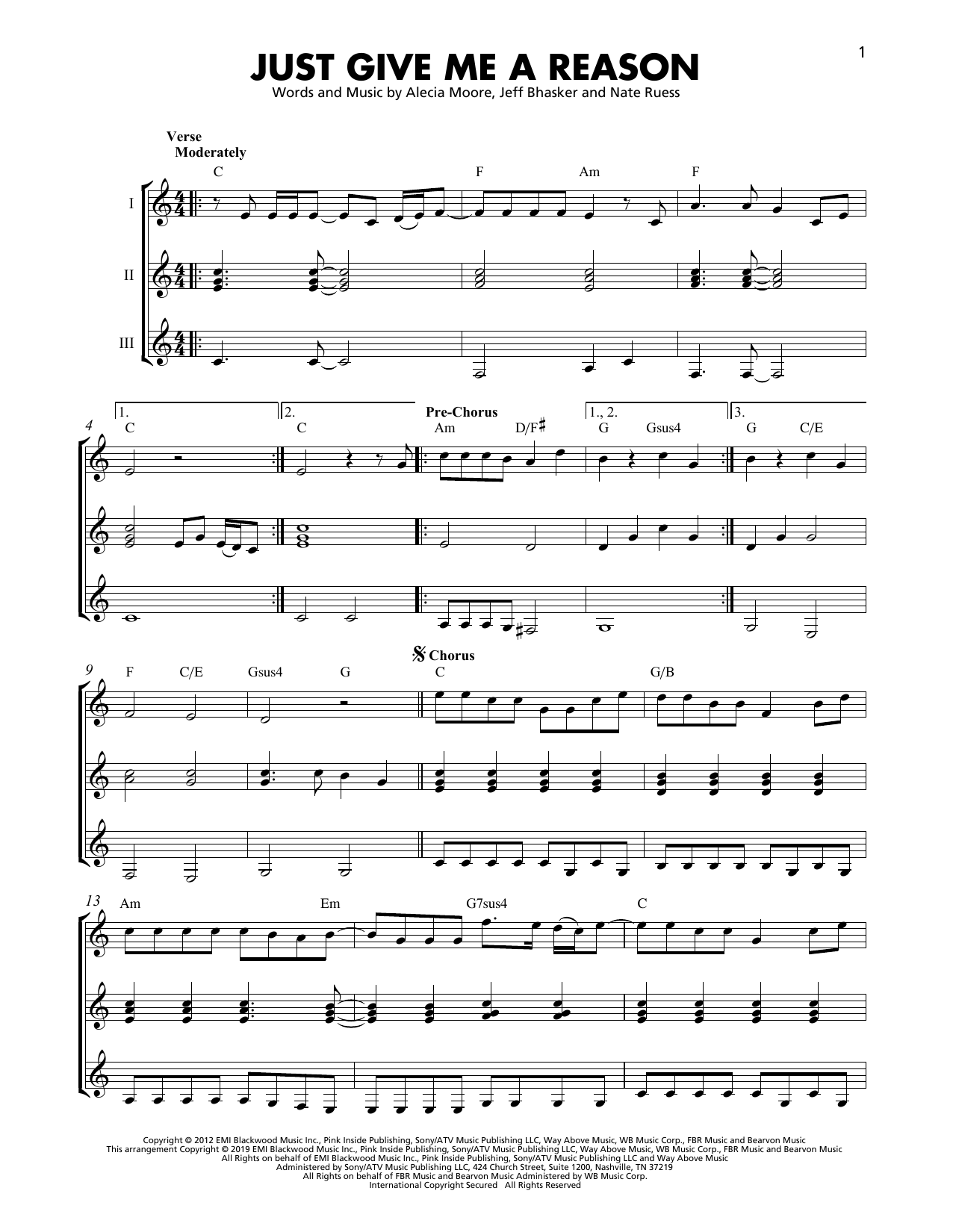 Download P!nk Just Give Me A Reason (feat. Nate Ruess) Sheet Music and learn how to play Guitar Ensemble PDF digital score in minutes