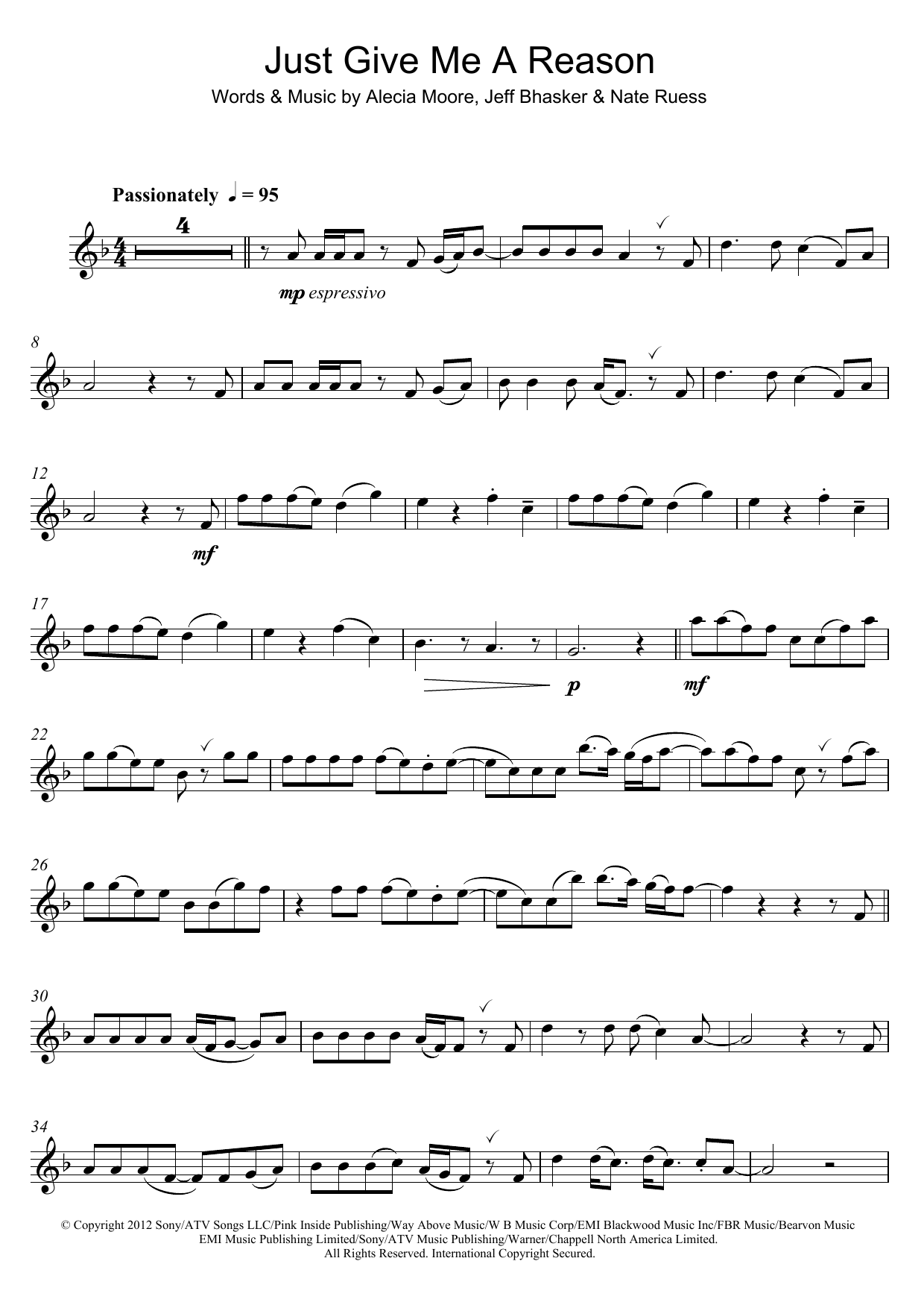 Download Pink Just Give Me A Reason (feat. Nate Ruess) Sheet Music and learn how to play Clarinet PDF digital score in minutes