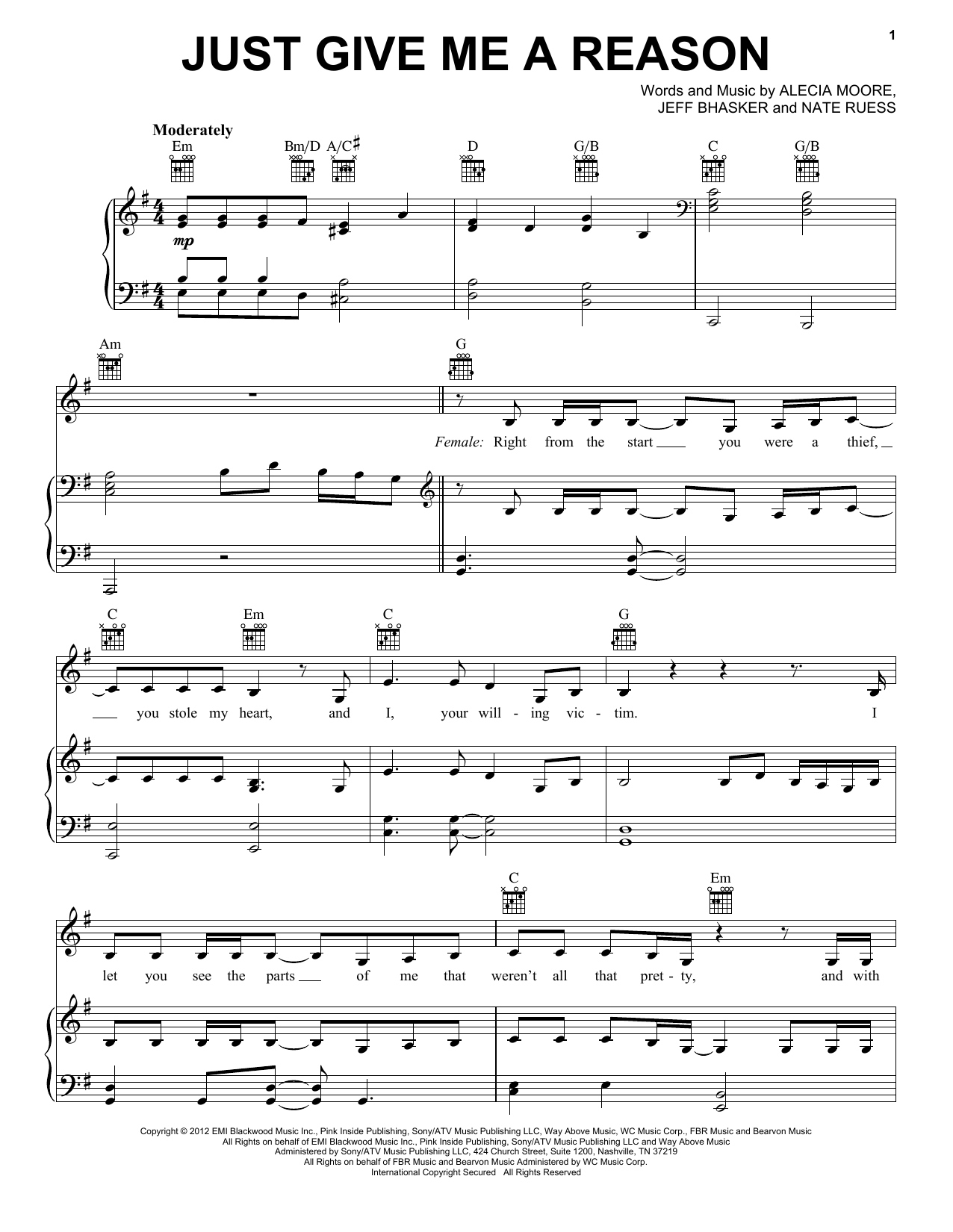 Download Pink Just Give Me A Reason (feat. Nate Ruess) Sheet Music and learn how to play Bass Guitar Tab PDF digital score in minutes