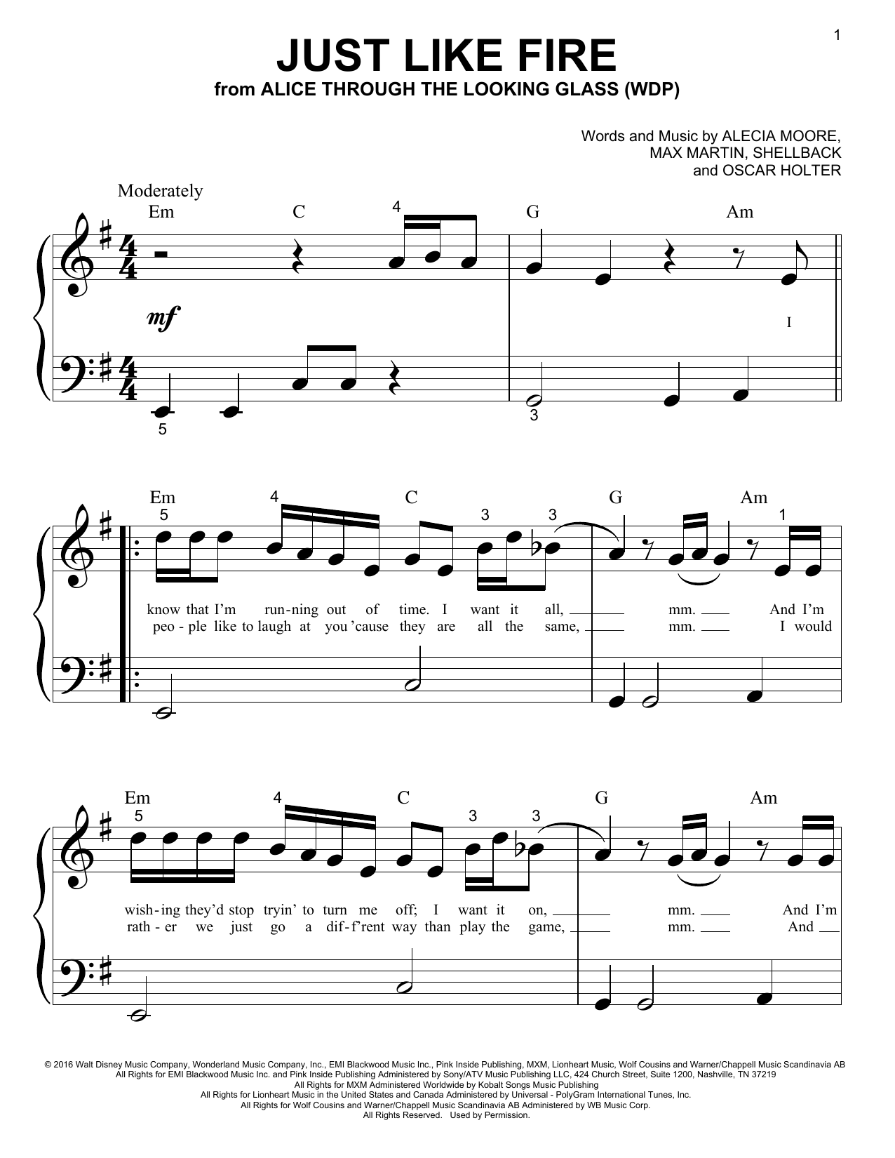 Download Pink Just Like Fire Sheet Music and learn how to play Piano (Big Notes) PDF digital score in minutes