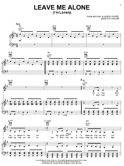Download Pink Leave Me Alone (I'm Lonely) Sheet Music and learn how to play Piano, Vocal & Guitar (Right-Hand Melody) PDF digital score in minutes