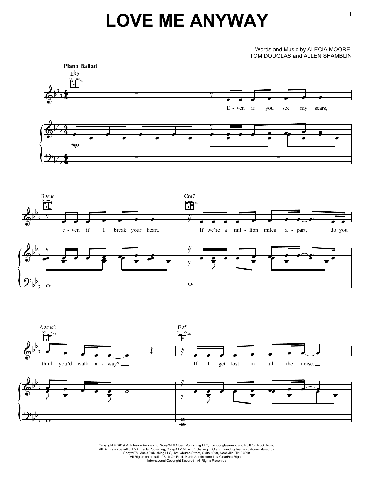 Download Pink Love Me Anyway (feat. Chris Stapleton) Sheet Music and learn how to play Piano, Vocal & Guitar Chords (Right-Hand Melody) PDF digital score in minutes