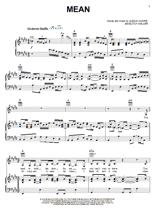Download Pink Mean Sheet Music and learn how to play Piano, Vocal & Guitar (Right-Hand Melody) PDF digital score in minutes
