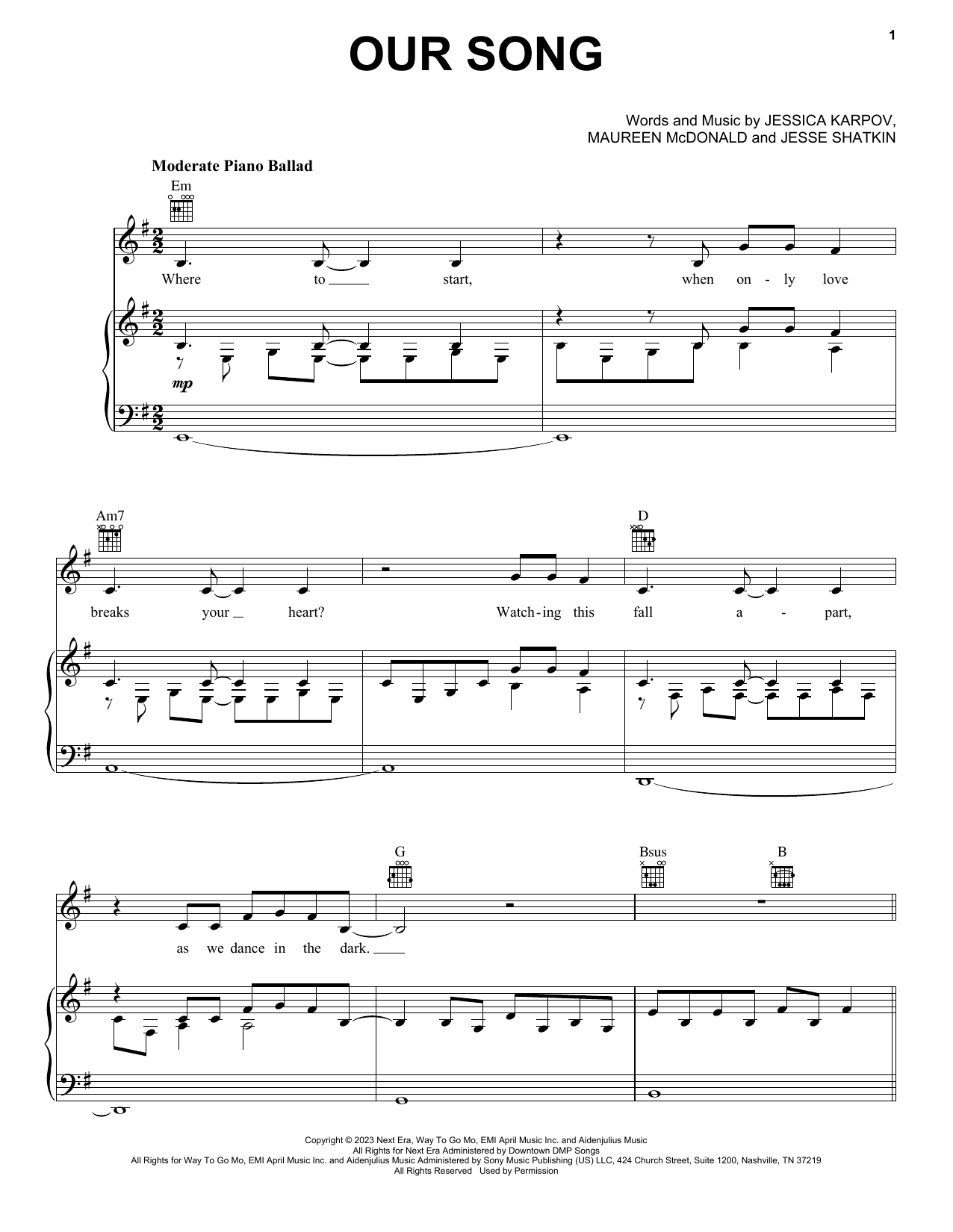 Download P!nk Our Song Sheet Music and learn how to play Piano, Vocal & Guitar Chords (Right-Hand Melody) PDF digital score in minutes