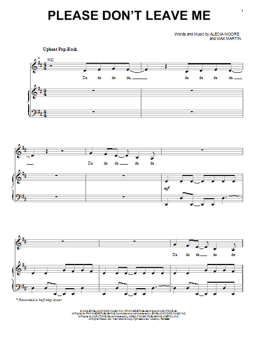 Download Pink Please Don't Leave Me Sheet Music and learn how to play Piano, Vocal & Guitar (Right-Hand Melody) PDF digital score in minutes