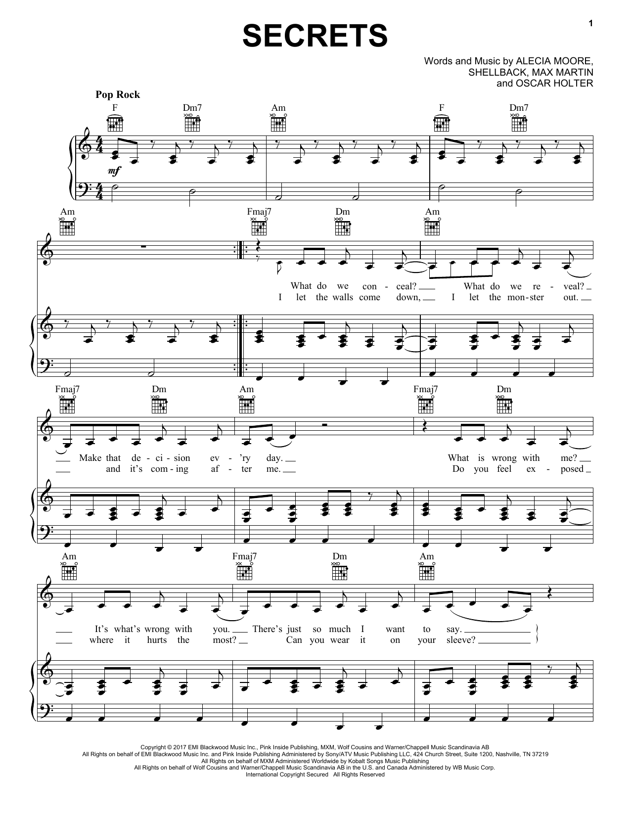 Download Pink Secrets Sheet Music and learn how to play Piano, Vocal & Guitar (Right-Hand Melody) PDF digital score in minutes