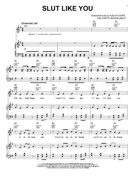 Download Pink Slut Like You Sheet Music and learn how to play Piano, Vocal & Guitar (Right-Hand Melody) PDF digital score in minutes