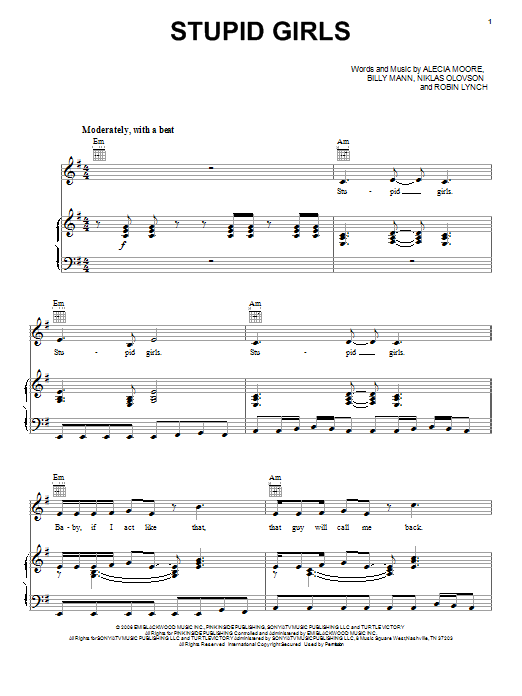 Download Pink Stupid Girls Sheet Music and learn how to play Piano, Vocal & Guitar (Right-Hand Melody) PDF digital score in minutes