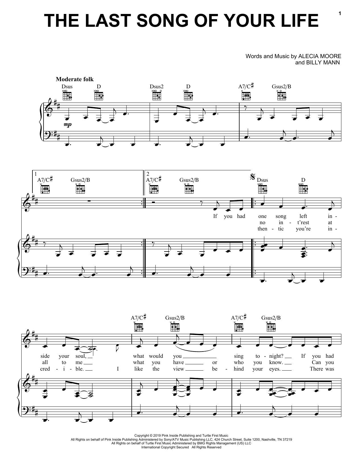 Download Pink The Last Song Of Your Life Sheet Music and learn how to play Piano, Vocal & Guitar Chords (Right-Hand Melody) PDF digital score in minutes