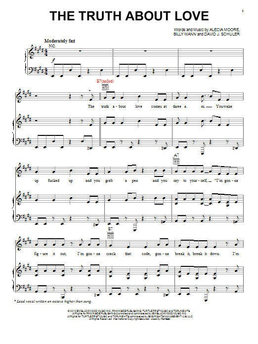 Download Pink The Truth About Love Sheet Music and learn how to play Piano, Vocal & Guitar (Right-Hand Melody) PDF digital score in minutes