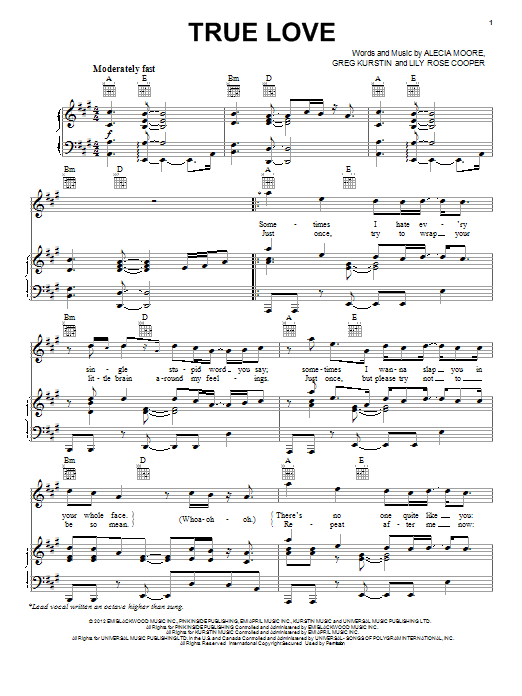 Download Pink True Love (feat. Lily Allen) Sheet Music and learn how to play Piano, Vocal & Guitar (Right-Hand Melody) PDF digital score in minutes