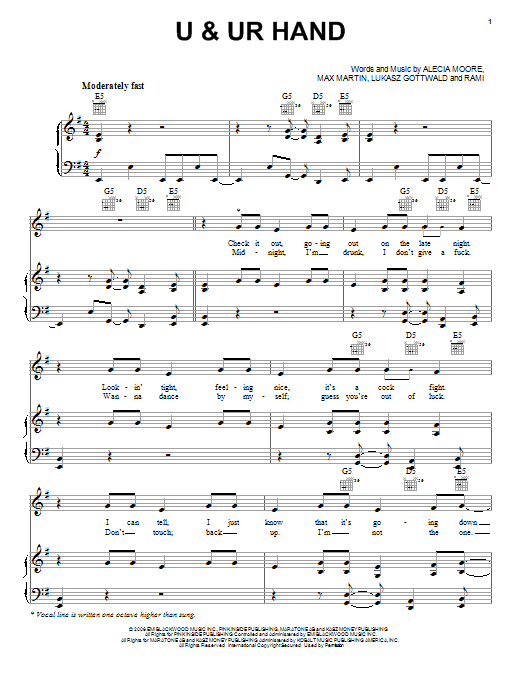Download Pink U & UR Hand Sheet Music and learn how to play Piano, Vocal & Guitar (Right-Hand Melody) PDF digital score in minutes