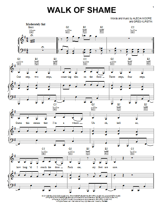 Download Pink Walk Of Shame Sheet Music and learn how to play Piano, Vocal & Guitar (Right-Hand Melody) PDF digital score in minutes