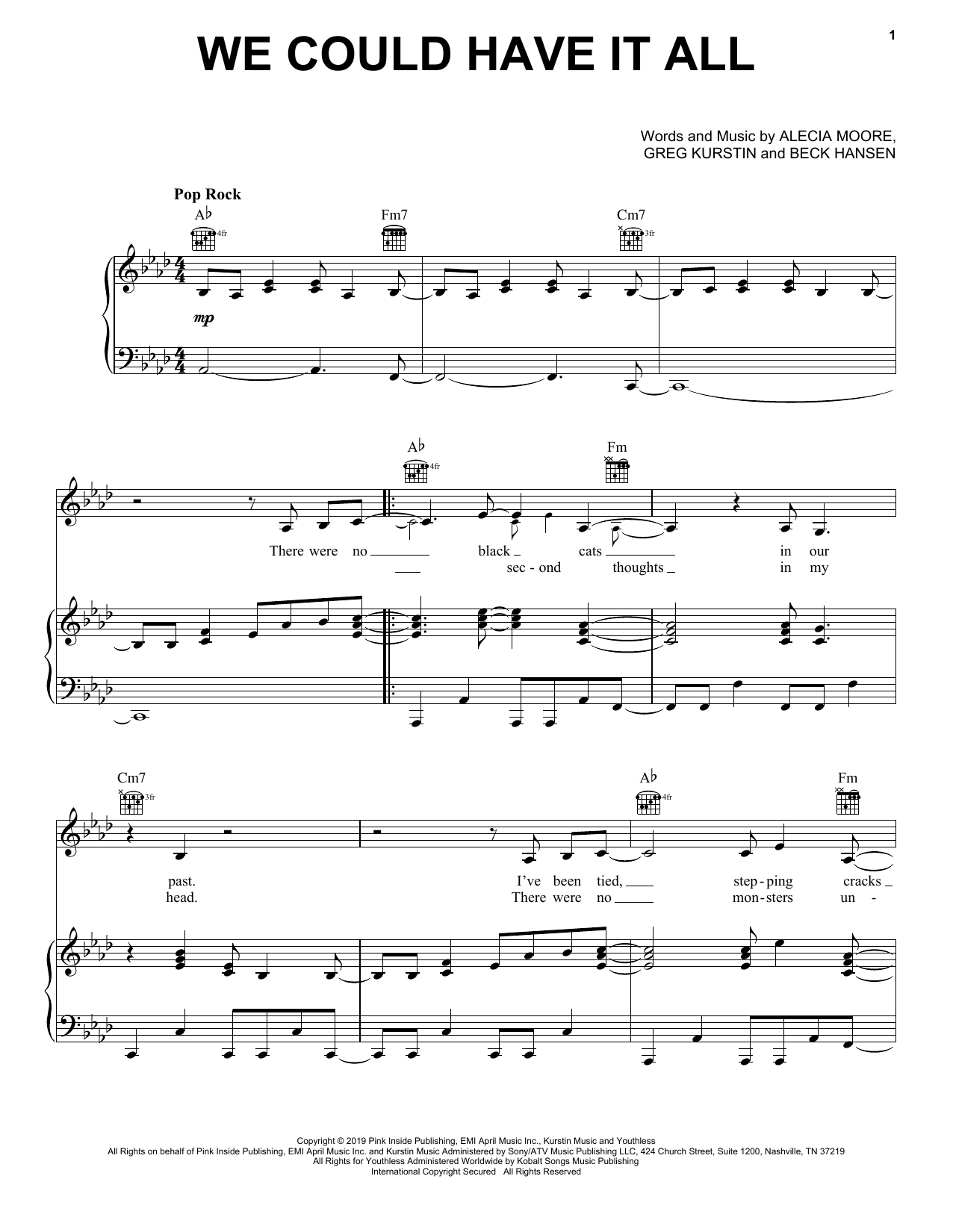 Download Pink We Could Have It All Sheet Music and learn how to play Piano, Vocal & Guitar Chords (Right-Hand Melody) PDF digital score in minutes