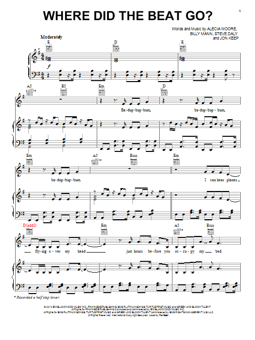 Download Pink Where Did The Beat Go? Sheet Music and learn how to play Piano, Vocal & Guitar (Right-Hand Melody) PDF digital score in minutes