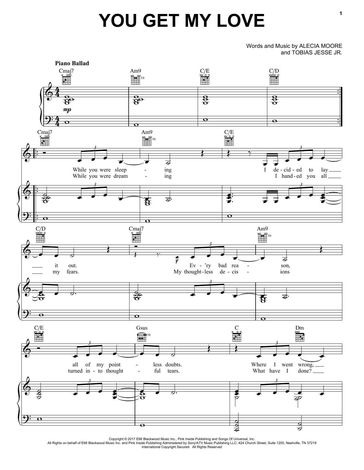 Download Pink You Get My Love Sheet Music and learn how to play Piano, Vocal & Guitar (Right-Hand Melody) PDF digital score in minutes