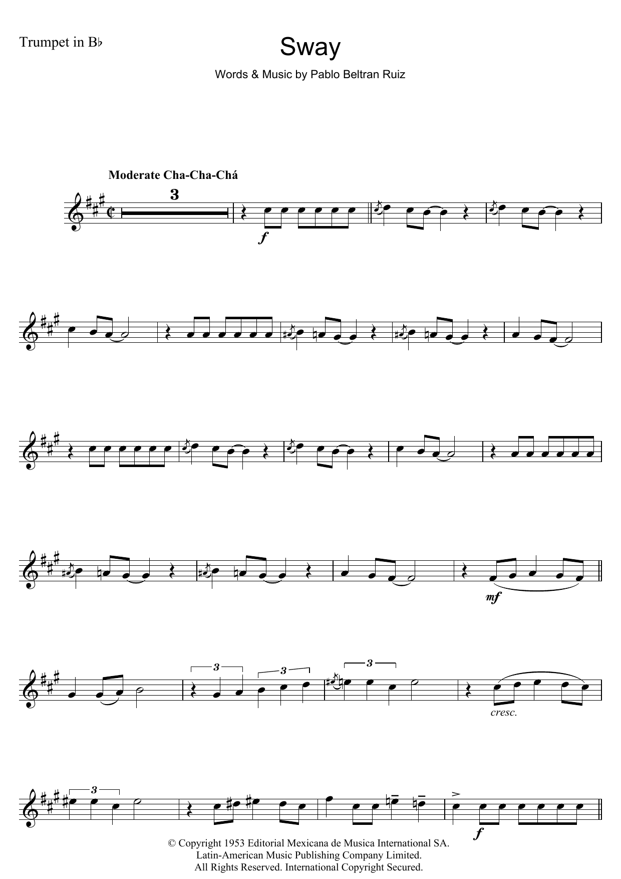 Download Pablo Beltran Ruiz Sway (Quien Sera) Sheet Music and learn how to play Tenor Saxophone PDF digital score in minutes
