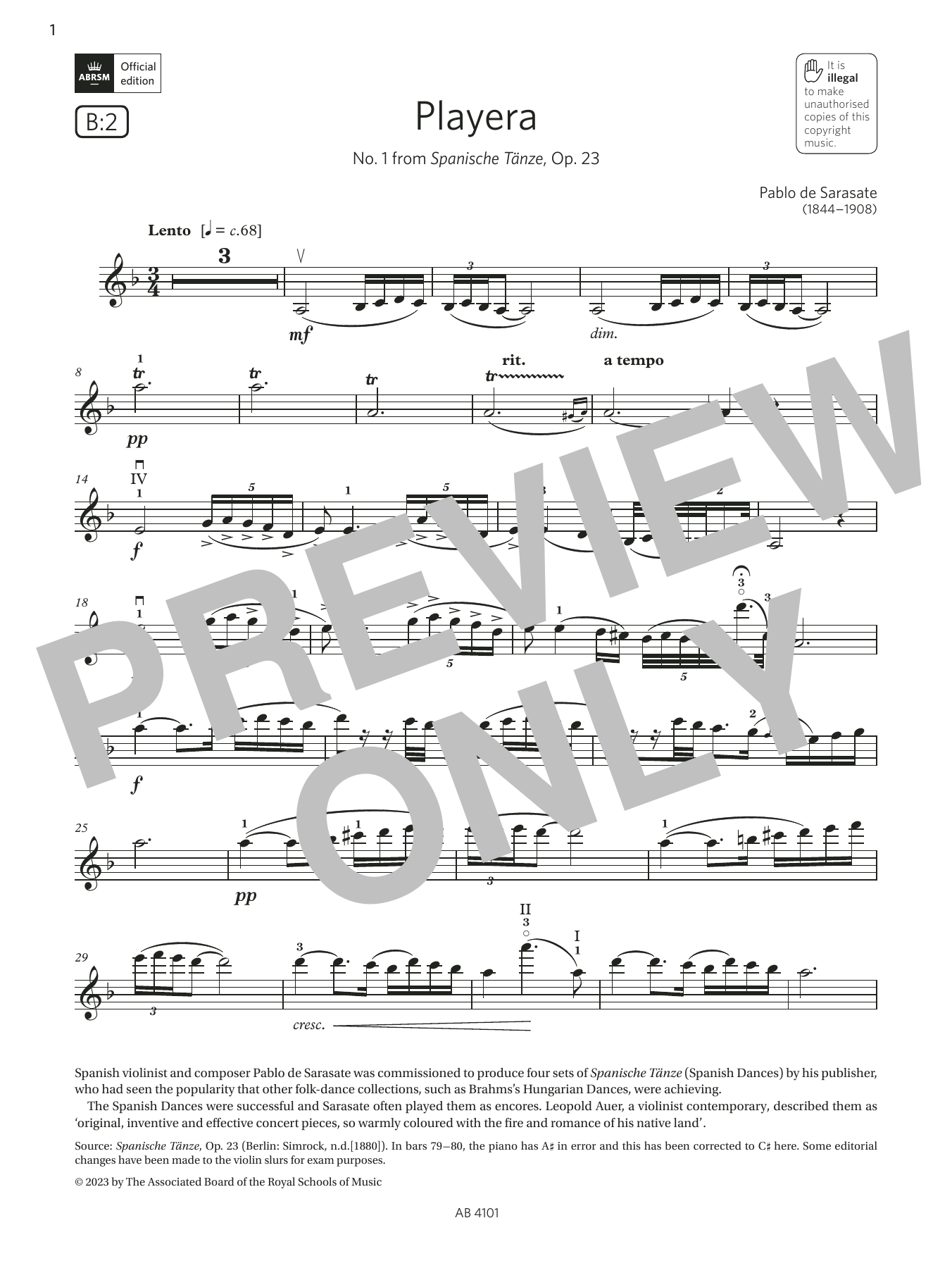Download Pablo De Sarasate Playera (Grade 7, B2, from the ABRSM Violin Syllabus from 2024) Sheet Music and learn how to play Violin Solo PDF digital score in minutes