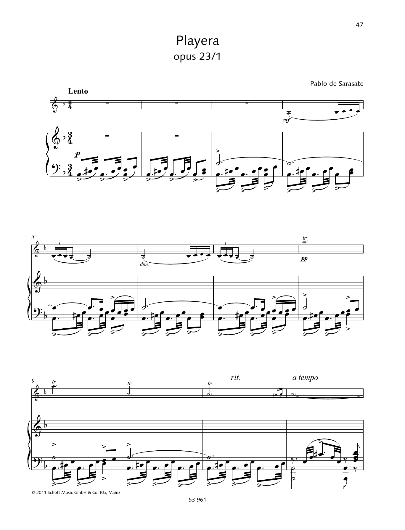 Download Pablo De Sarasate Playera Sheet Music and learn how to play String Solo PDF digital score in minutes