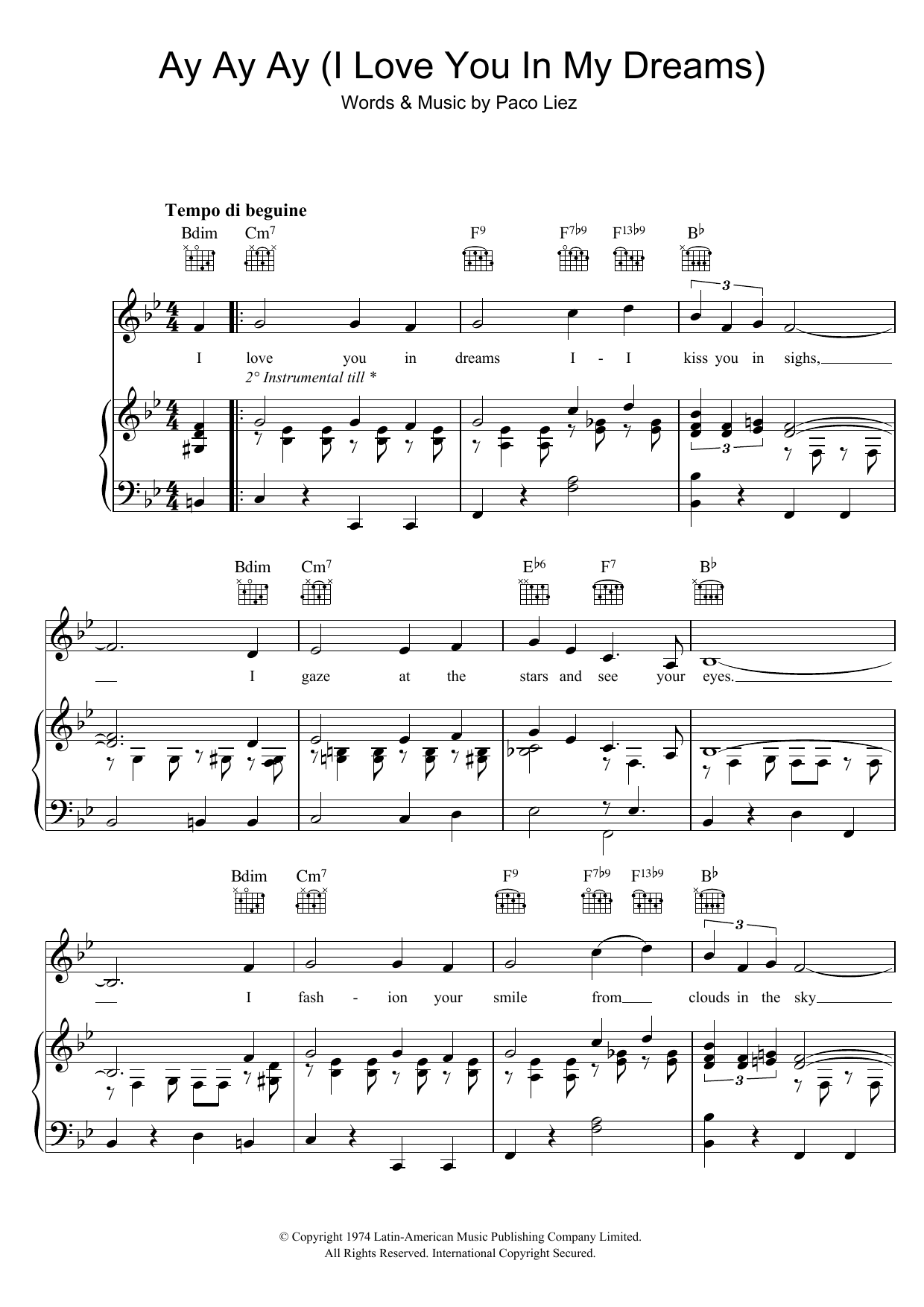 Download Paco Liez Ay Ay Ay (I Love You In My Dreams) Sheet Music and learn how to play Piano, Vocal & Guitar (Right-Hand Melody) PDF digital score in minutes