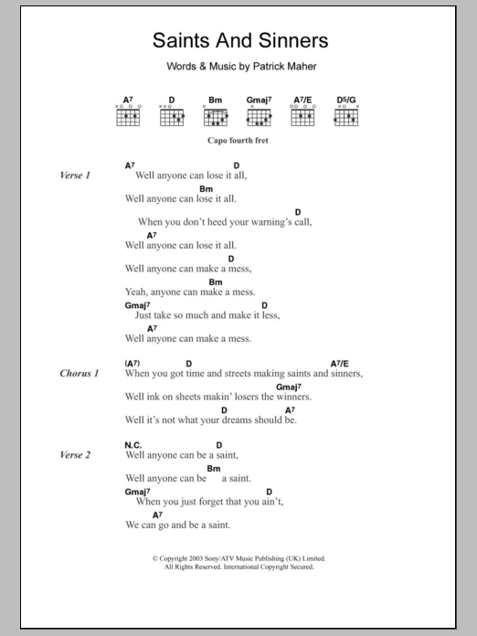 Download Paddy Casey Saints And Sinners Sheet Music and learn how to play Lyrics & Chords PDF digital score in minutes