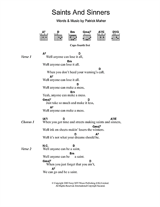 Download Paddy Casey Saints And Sinners Sheet Music and learn how to play Lyrics & Chords PDF digital score in minutes