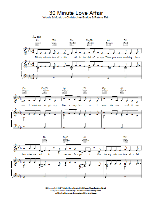 Download Paloma Faith 30 Minute Love Affair Sheet Music and learn how to play Piano, Vocal & Guitar (Right-Hand Melody) PDF digital score in minutes