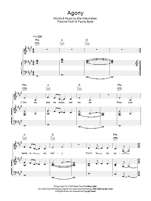 Download Paloma Faith Agony Sheet Music and learn how to play Piano, Vocal & Guitar (Right-Hand Melody) PDF digital score in minutes
